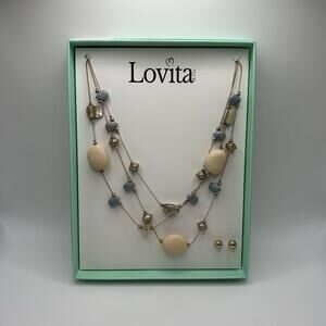 Lovita& Co. Layered Gold, Peach& Blue Colored Stone Necklace & Gold Earring Set